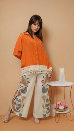Alternative view of Premium Cotton Kurti Set with Lace Border & Embroidered Palazzo