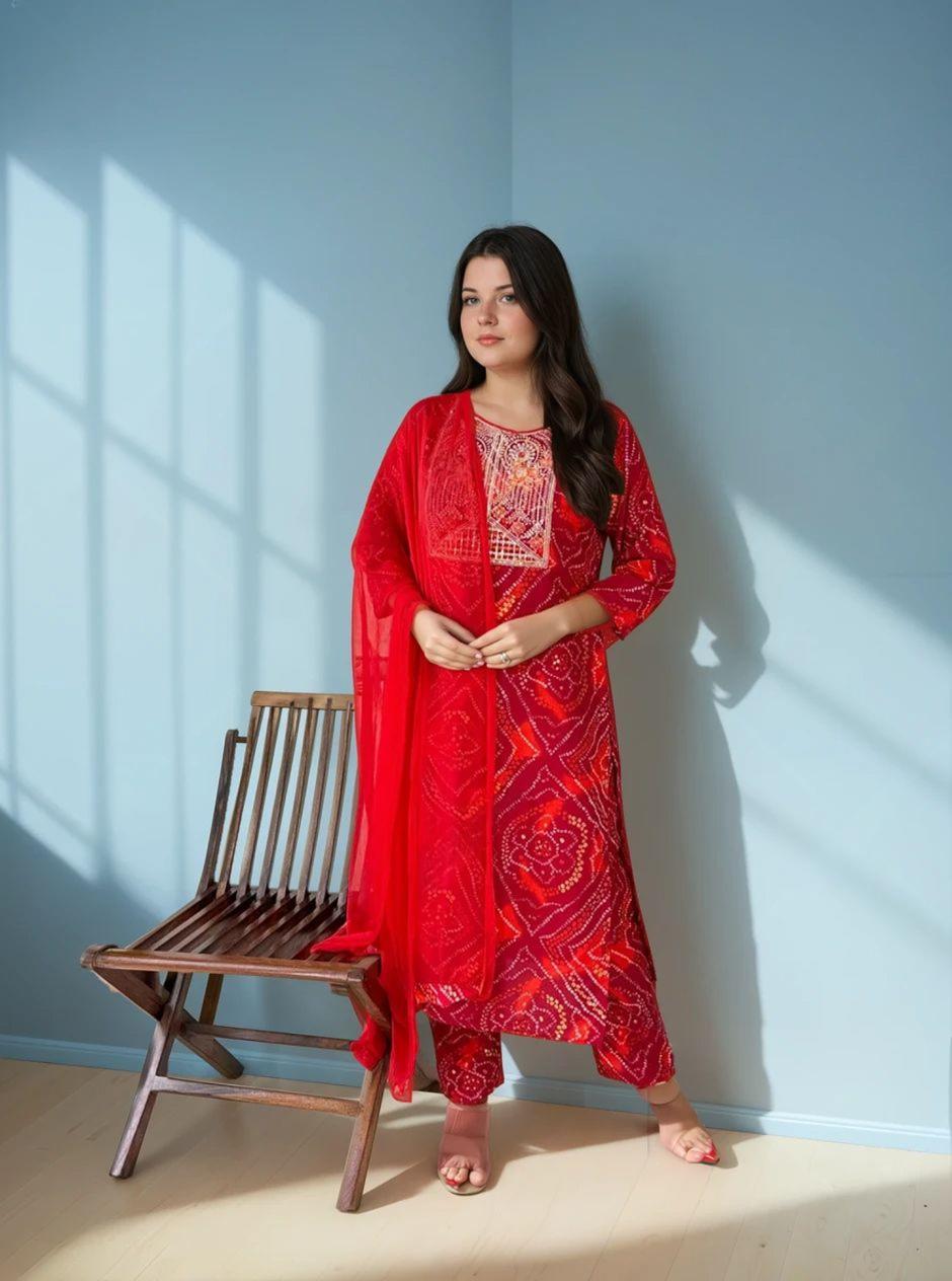 Festival Special👗 Beautiful premium handwork Red Kurti, Pant & Dupatta Set 👗 - Image 2