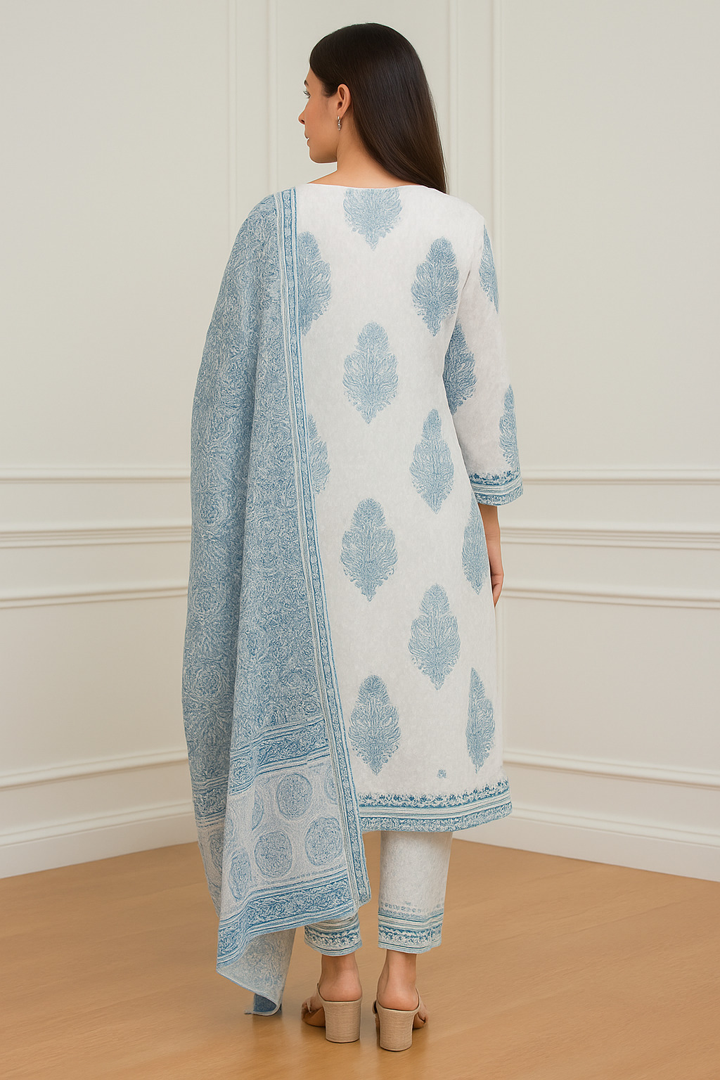 Elegant Sky Blue Floral Block Print Cotton Suit Set - Image 2