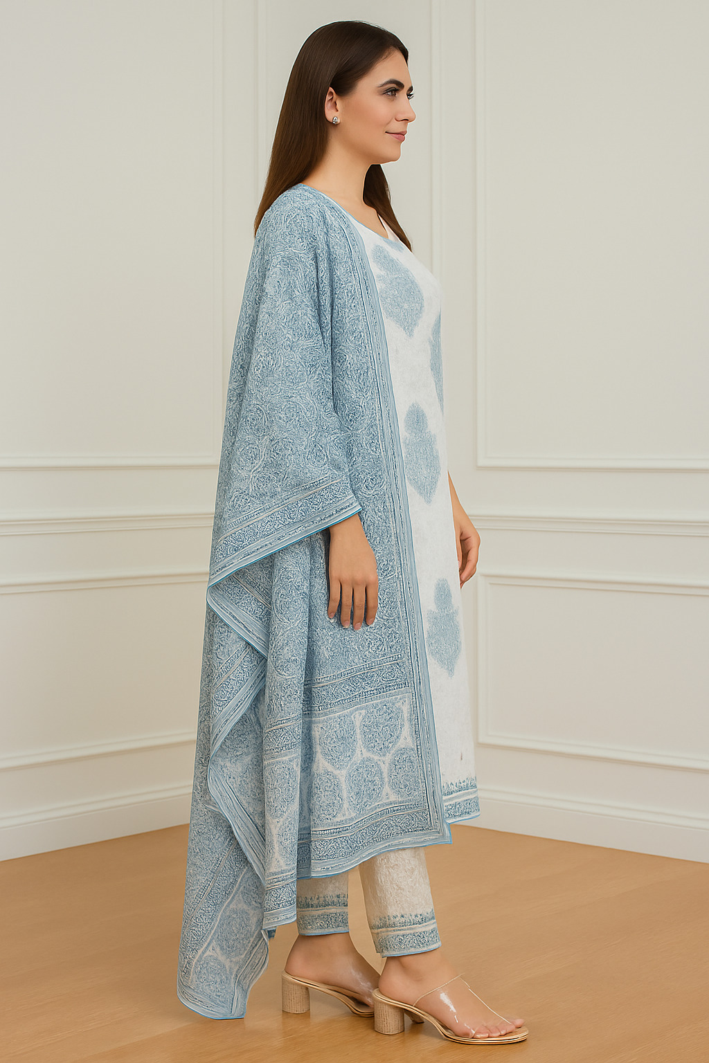 Elegant Sky Blue Floral Block Print Cotton Suit Set - Image 4