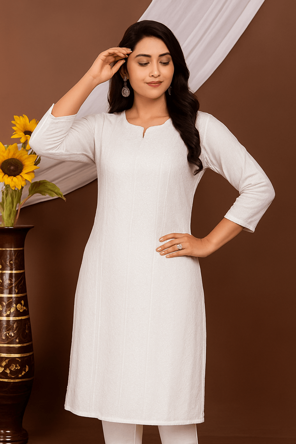 Elegant White Embroidered Cotton Kurti - Image 3