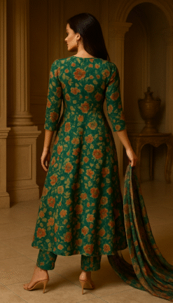 Alternative view of Elegant Green Floral Cotton Blend Anarkali Set with Dupatta