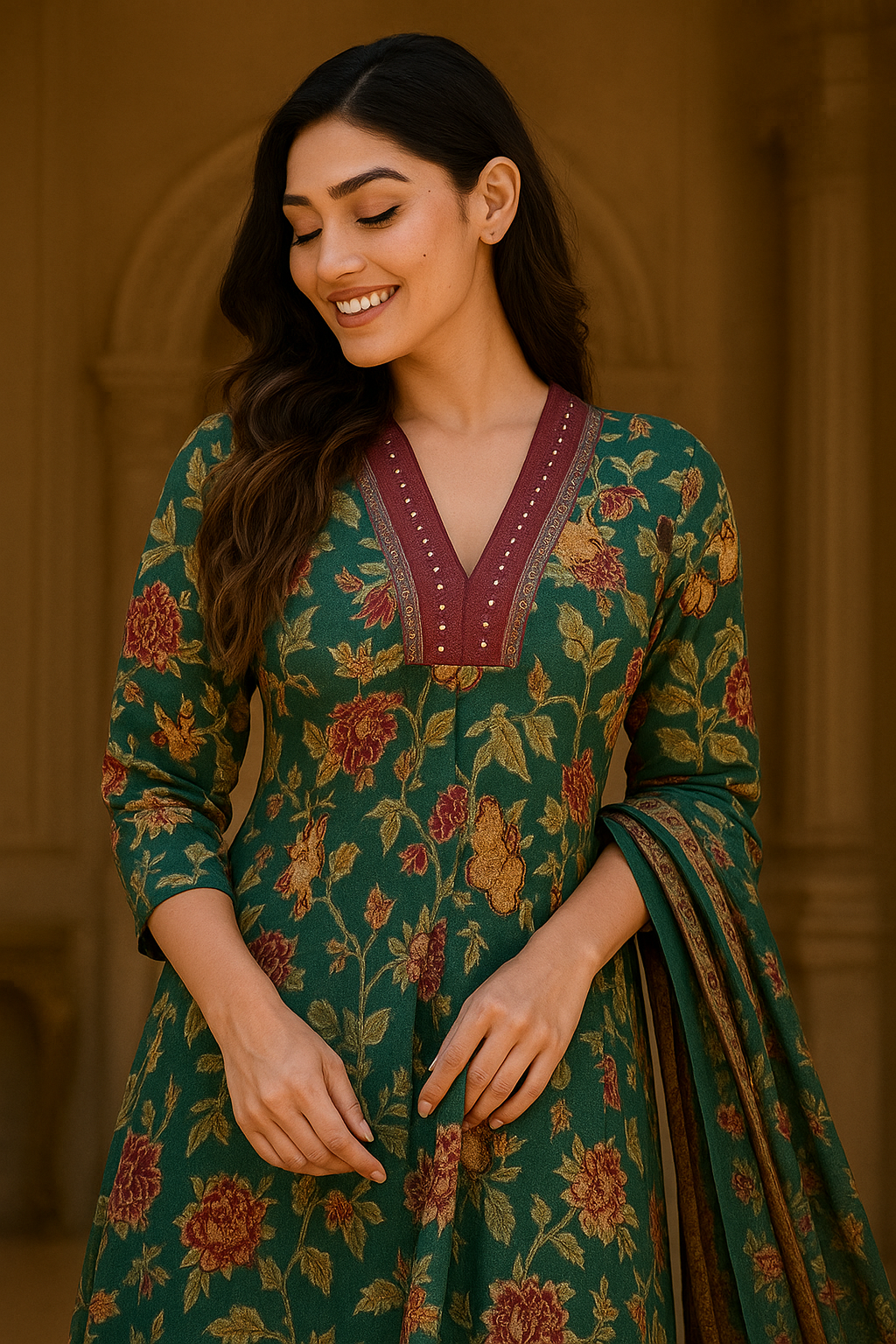 Elegant Green Floral Cotton Blend Anarkali Set with Dupatta - Image 3