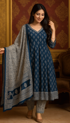 Royal Blue Elegance Printed Anarkali Set with Dupatta