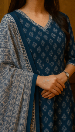 Alternative view of Royal Blue Elegance Printed Anarkali Set with Dupatta