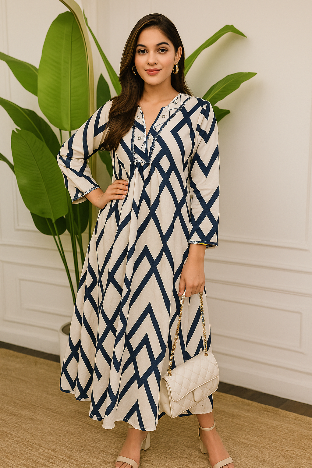 Navy Geometric Printed Cotton Kaftan Dress