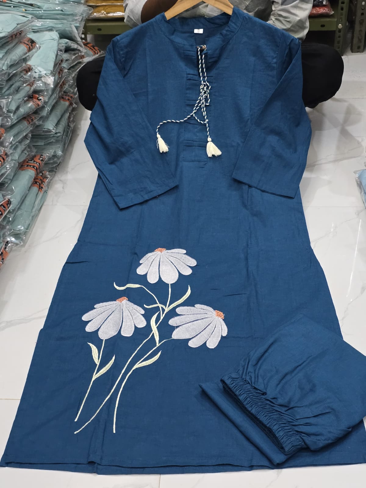 Elegant Teal Blue Cotton Embroidered Co-ord Set - Image 3