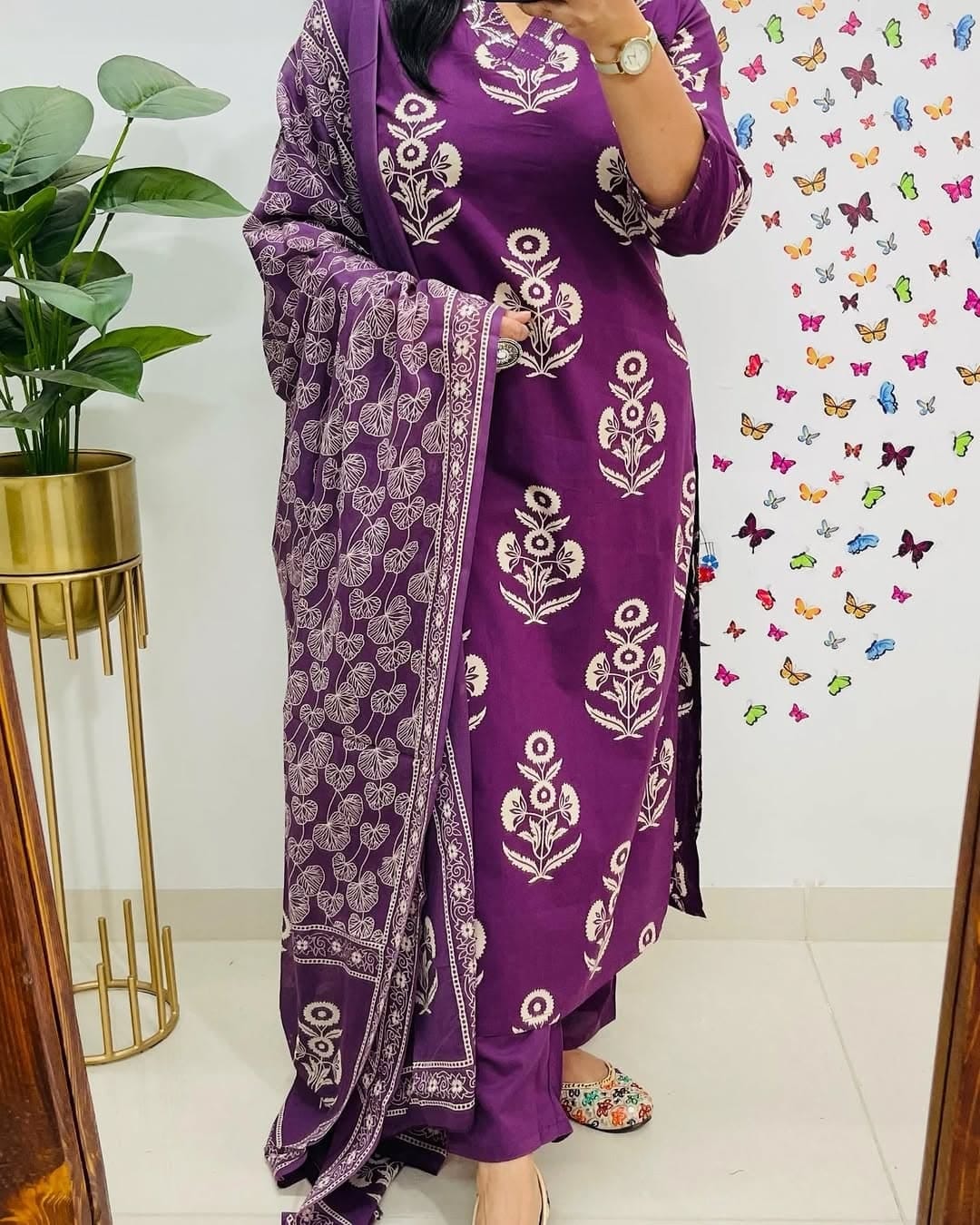 Elegant Purple Printed Cotton Suit Set with Dupatta - Image 4