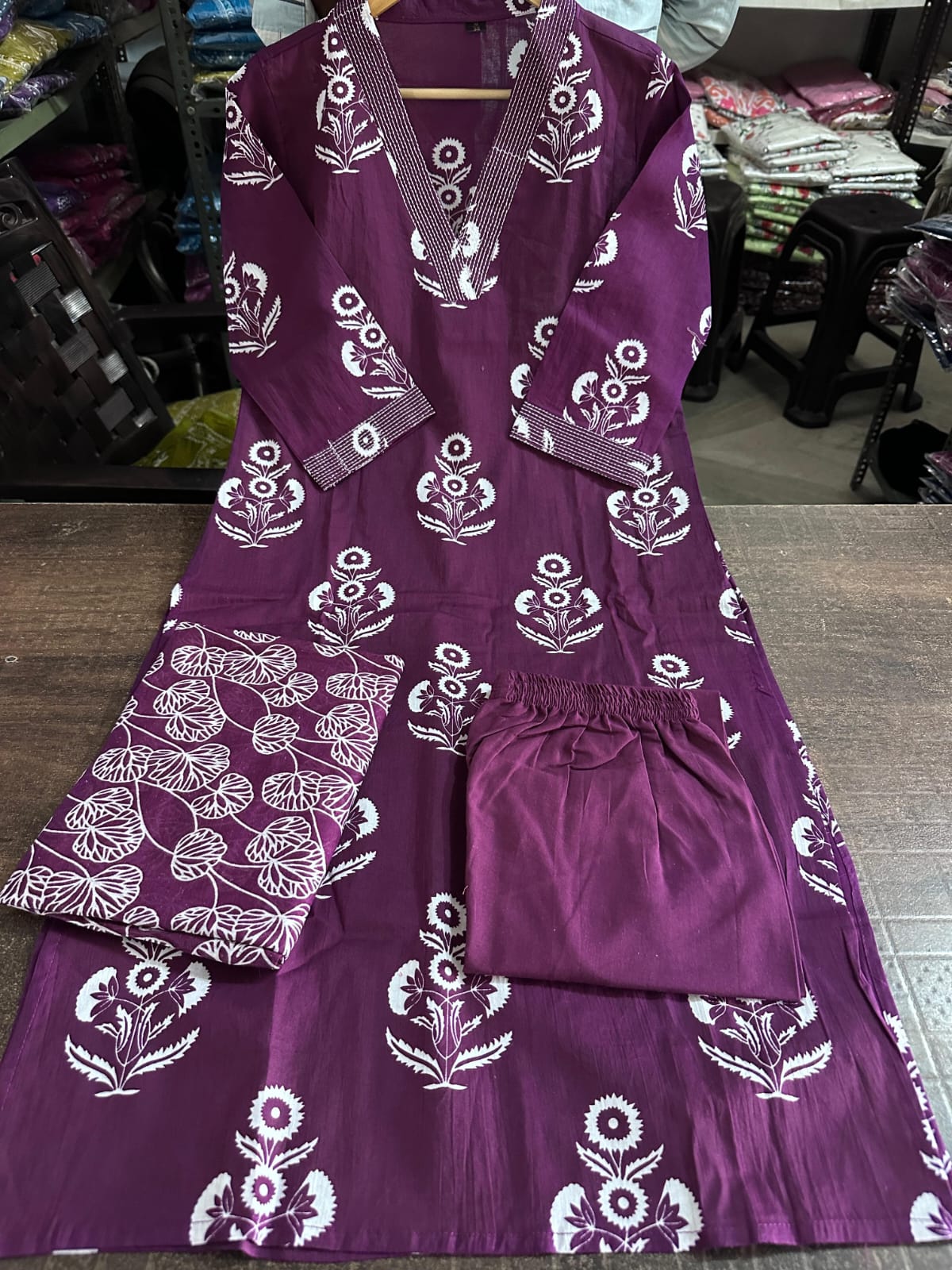Elegant Purple Printed Cotton Suit Set with Dupatta - Image 3