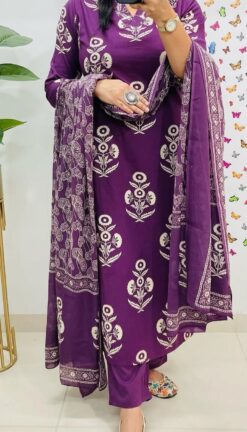 Elegant Purple Printed Cotton Suit Set with Dupatta