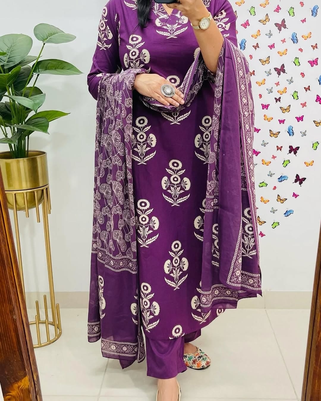 Elegant Purple Printed Cotton Suit Set with Dupatta