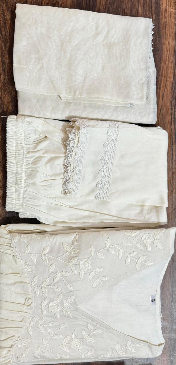 New Designer White Embroidered Anarkali Gown with Cotton Pant & Chanderi Dupatta Set - Image 5