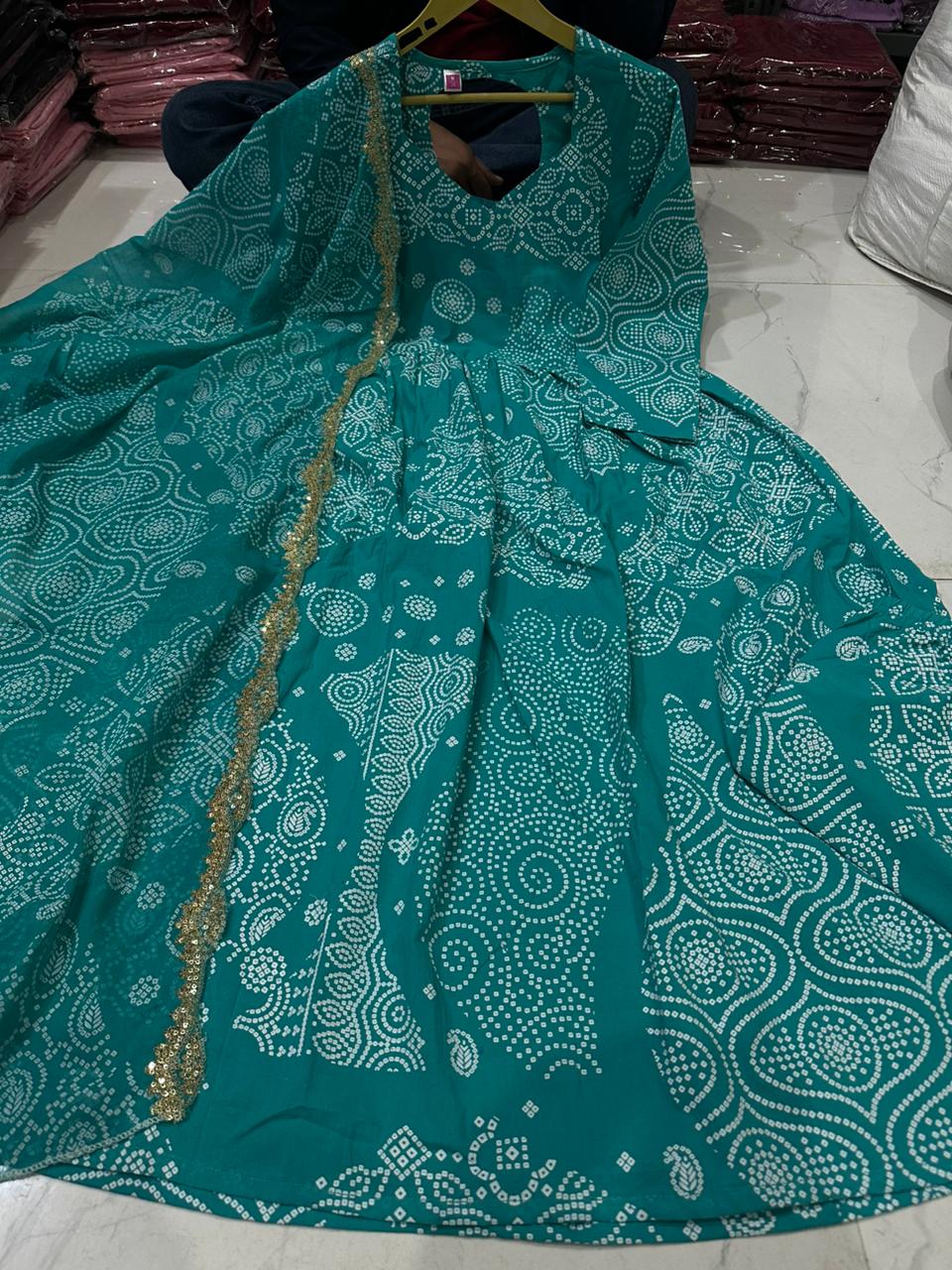 Teal Bandhani Cotton Long Kurti with Gota Lace Detailing - Image 2