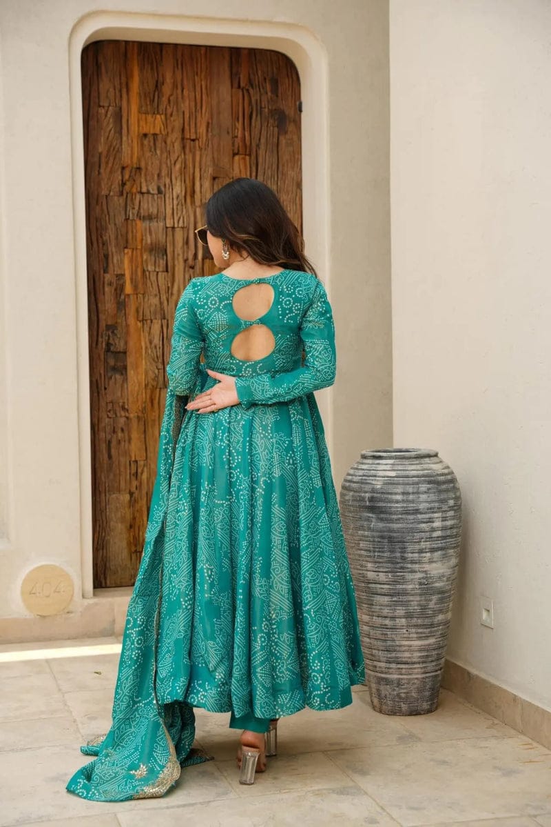Teal Bandhani Cotton Long Kurti with Gota Lace Detailing - Image 3