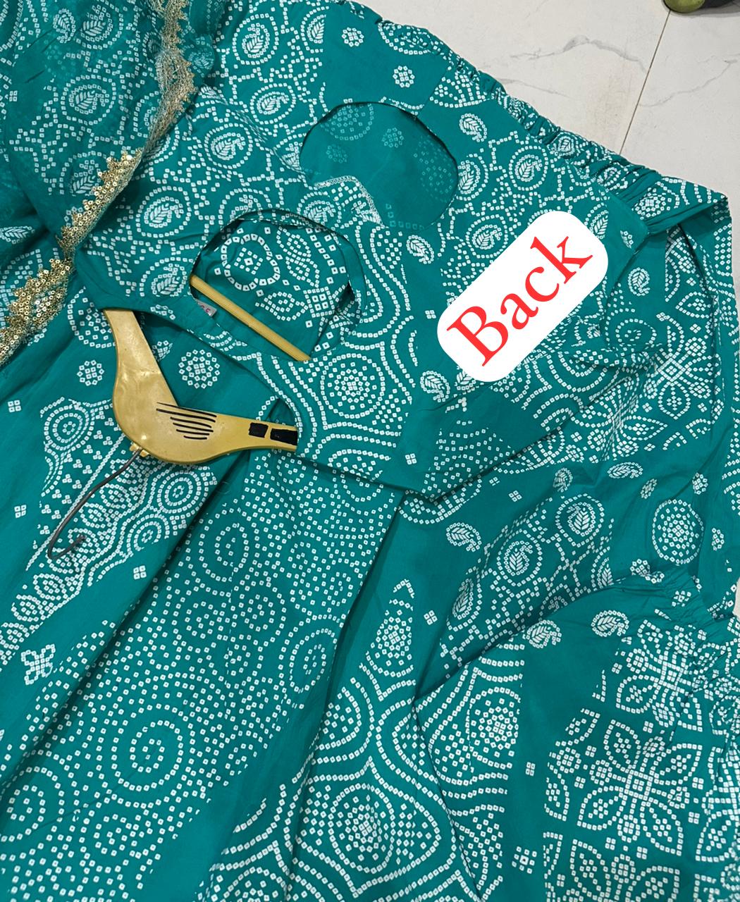 Teal Bandhani Cotton Long Kurti with Gota Lace Detailing - Image 5