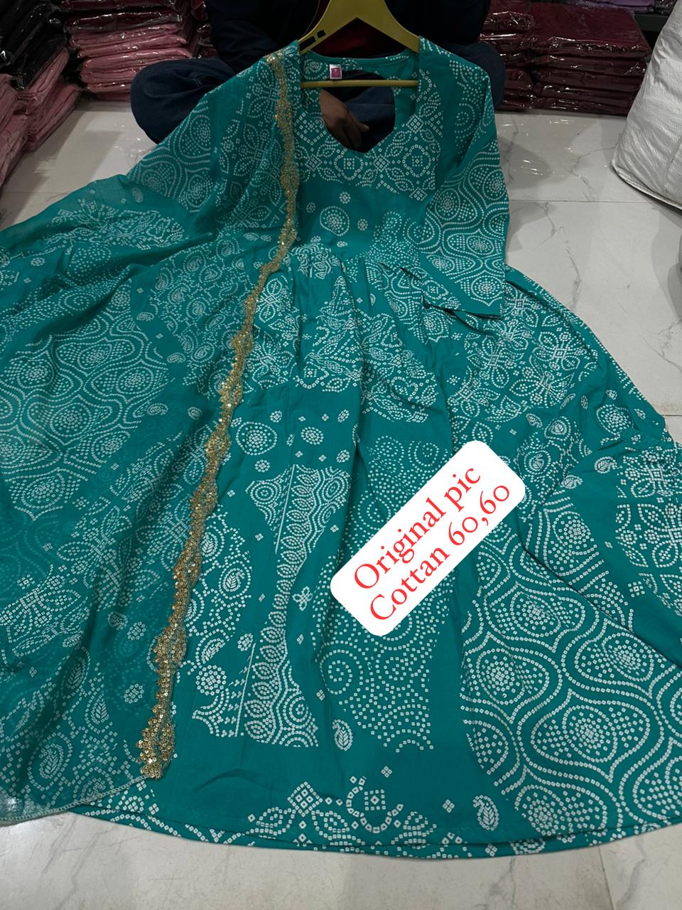 Teal Bandhani Cotton Long Kurti with Gota Lace Detailing - Image 4