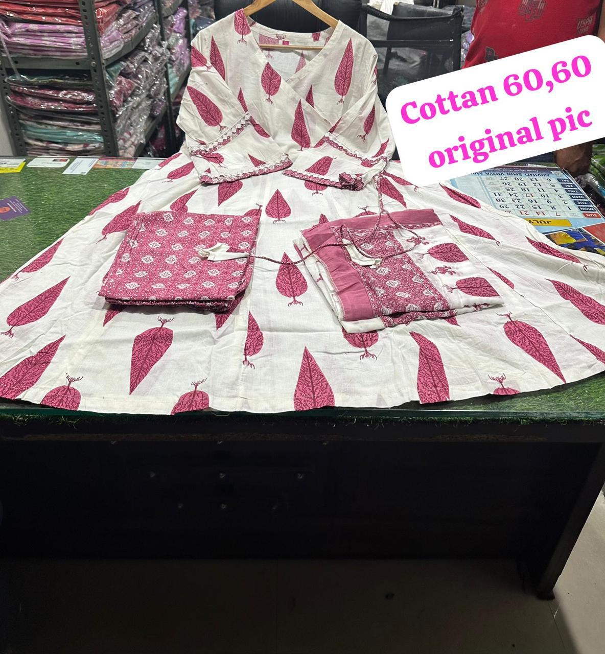 Sanganeri Print Cotton Anarkali Kurta Set with Dupatta & Pants - Image 3