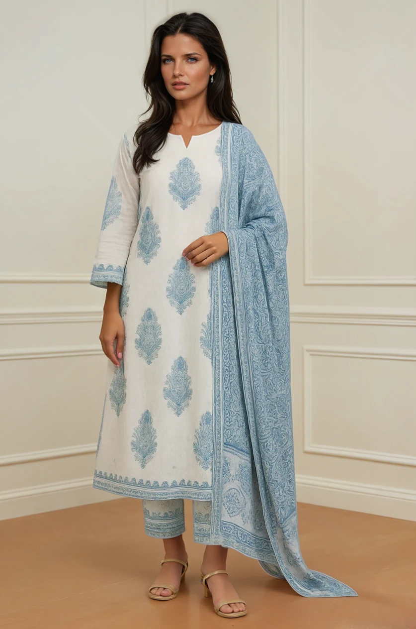 Elegant Sky Blue Floral Block Print Cotton Suit Set - Image 3
