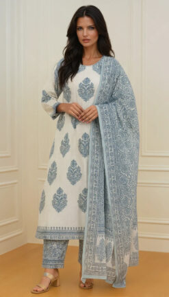Elegant Sky Blue Floral Block Print Cotton Suit Set
