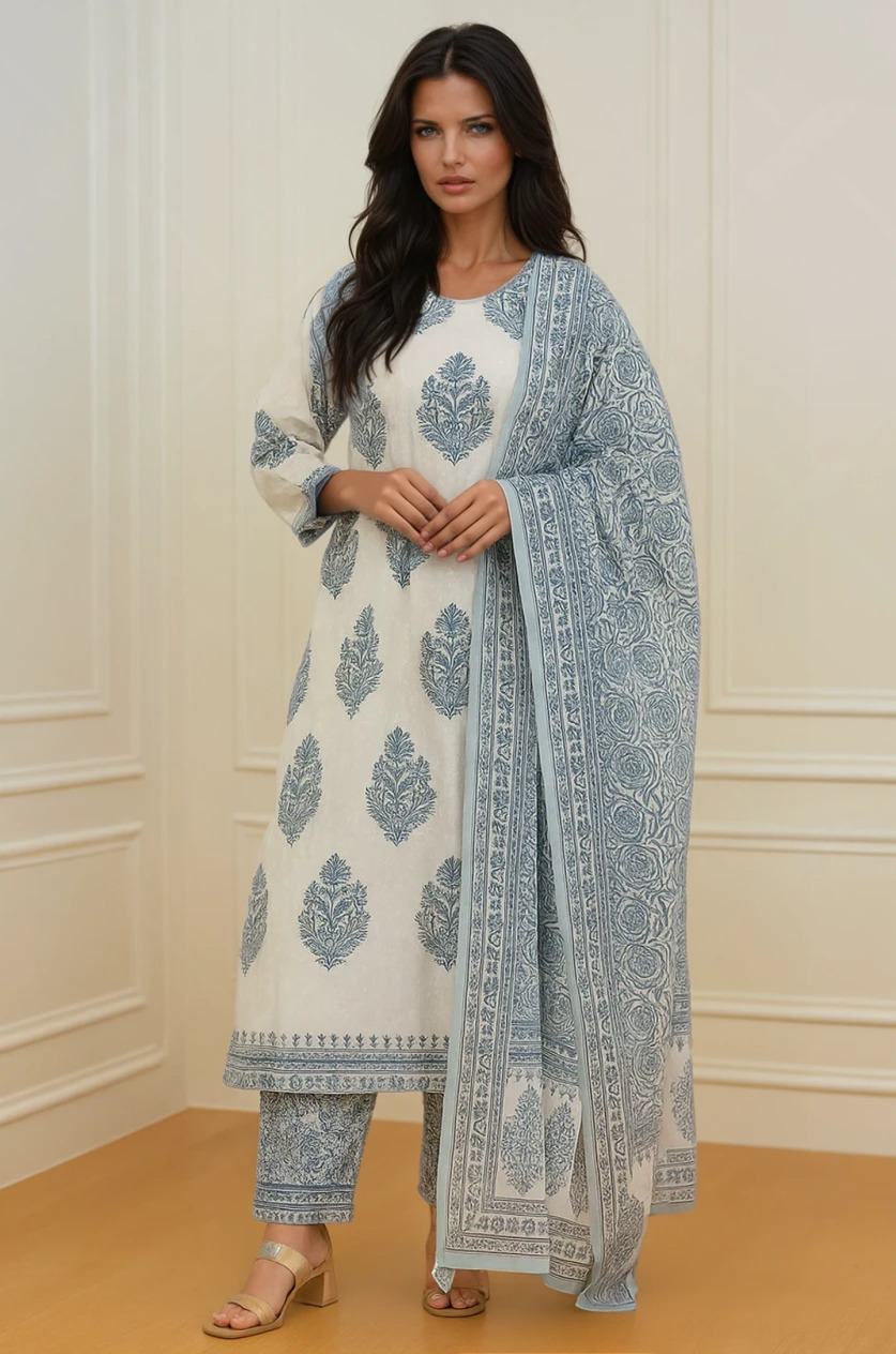 Elegant Sky Blue Floral Block Print Cotton Suit Set