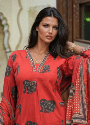 Red Elephant Print Cotton Kurti Set with Dupatta