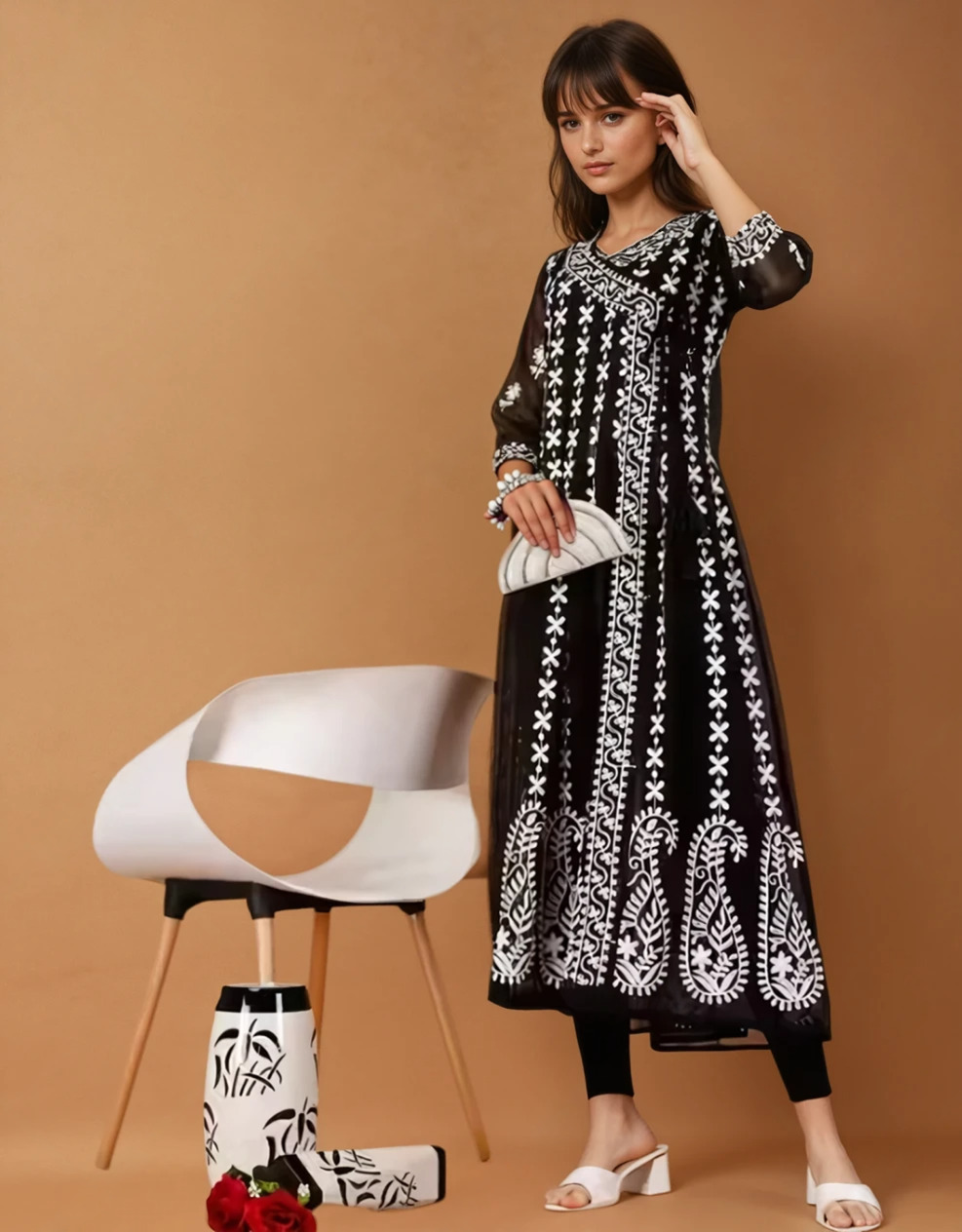 Noor-e-Black Chikankari Anarkali Kurti Set - Image 2