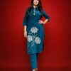 Elegant Teal Blue Cotton Embroidered Co-ord Set