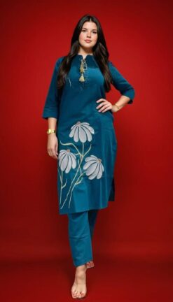 Elegant Teal Blue Cotton Embroidered Co-ord Set