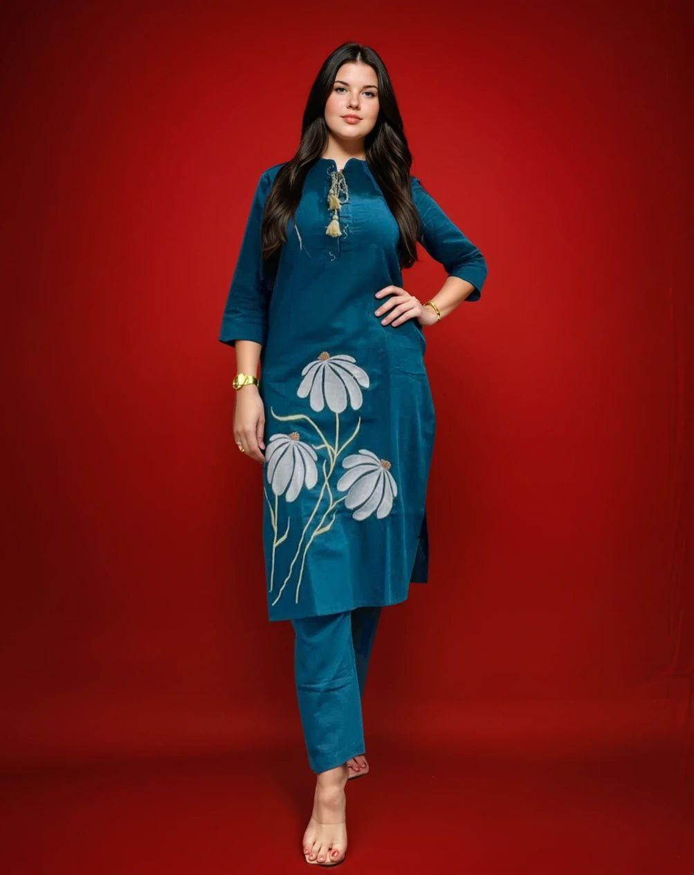 Elegant Teal Blue Cotton Embroidered Co-ord Set