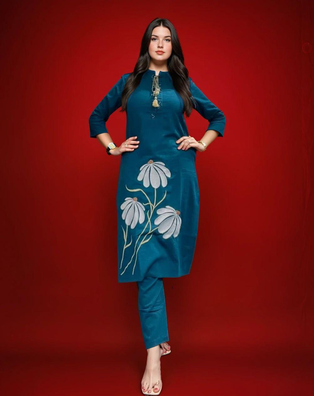 Elegant Teal Blue Cotton Embroidered Co-ord Set - Image 5
