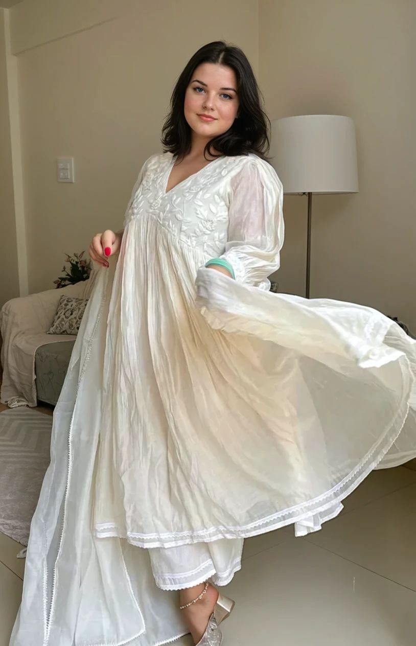 New Designer White Embroidered Anarkali Gown with Cotton Pant & Chanderi Dupatta Set - Image 2