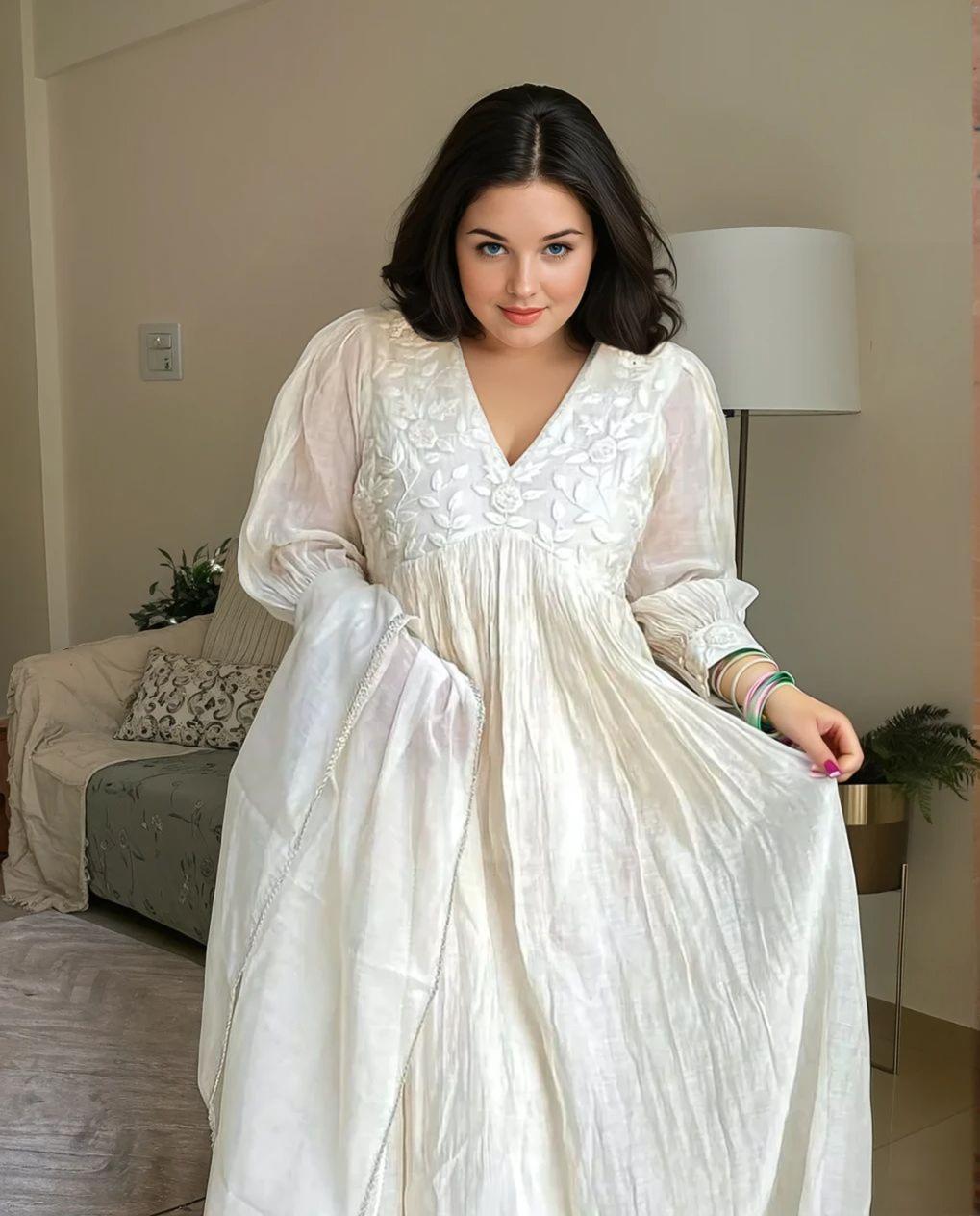 New Designer White Embroidered Anarkali Gown with Cotton Pant & Chanderi Dupatta Set - Image 3