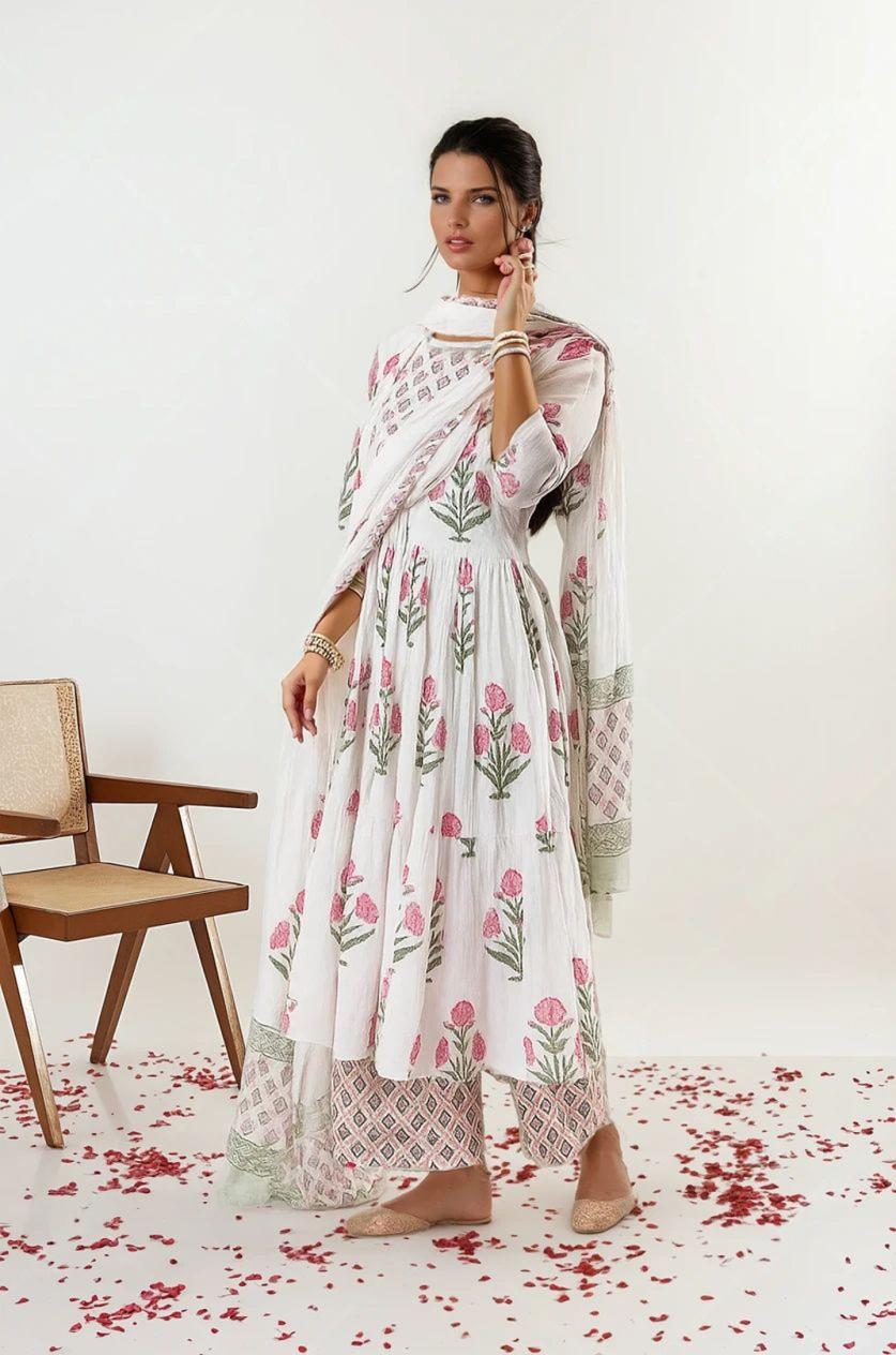White Cotton Kurta Palazzo Set with Pink Floral Prints - Image 2