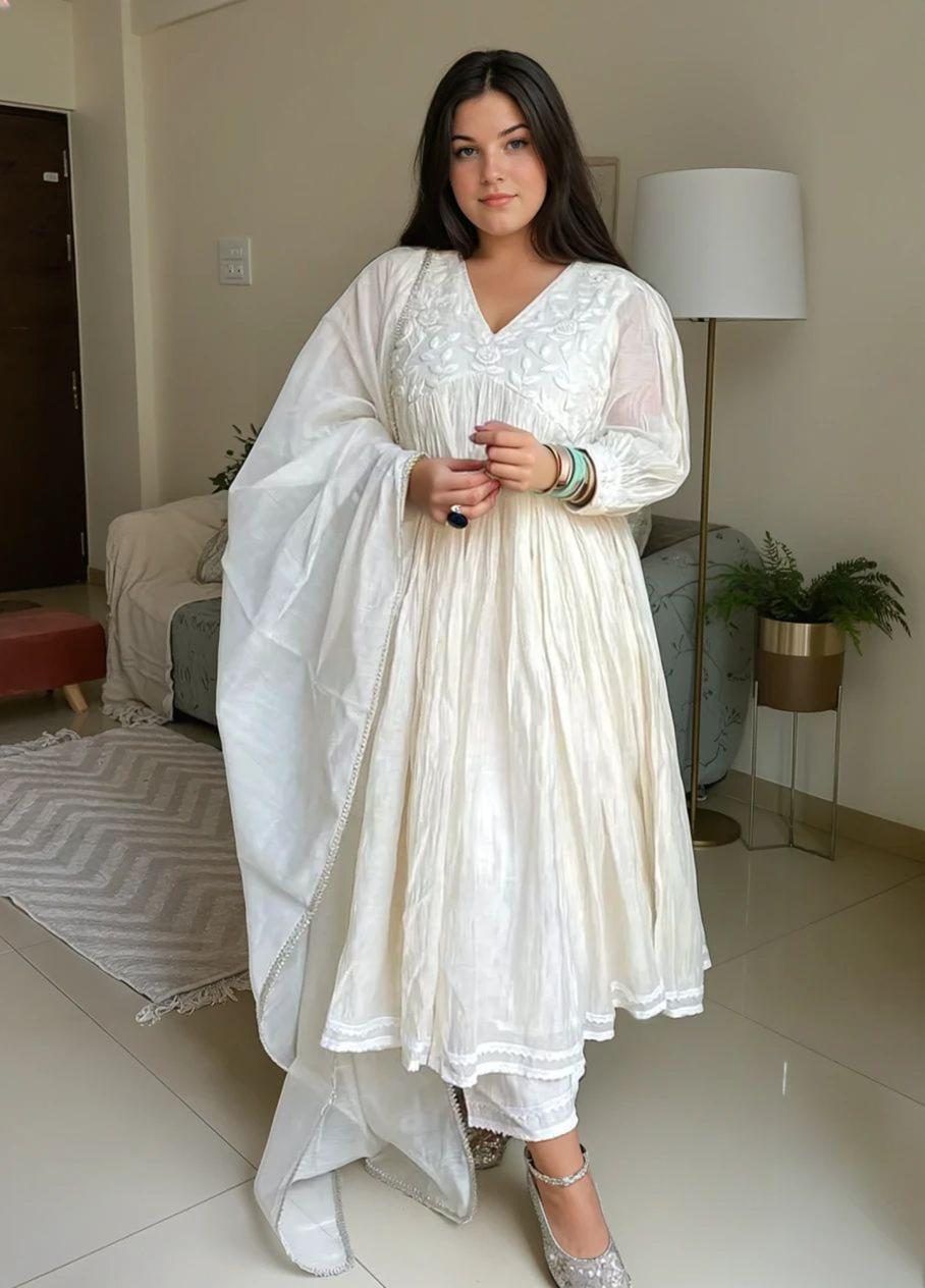 New Designer White Embroidered Anarkali Gown with Cotton Pant & Chanderi Dupatta Set - Image 4