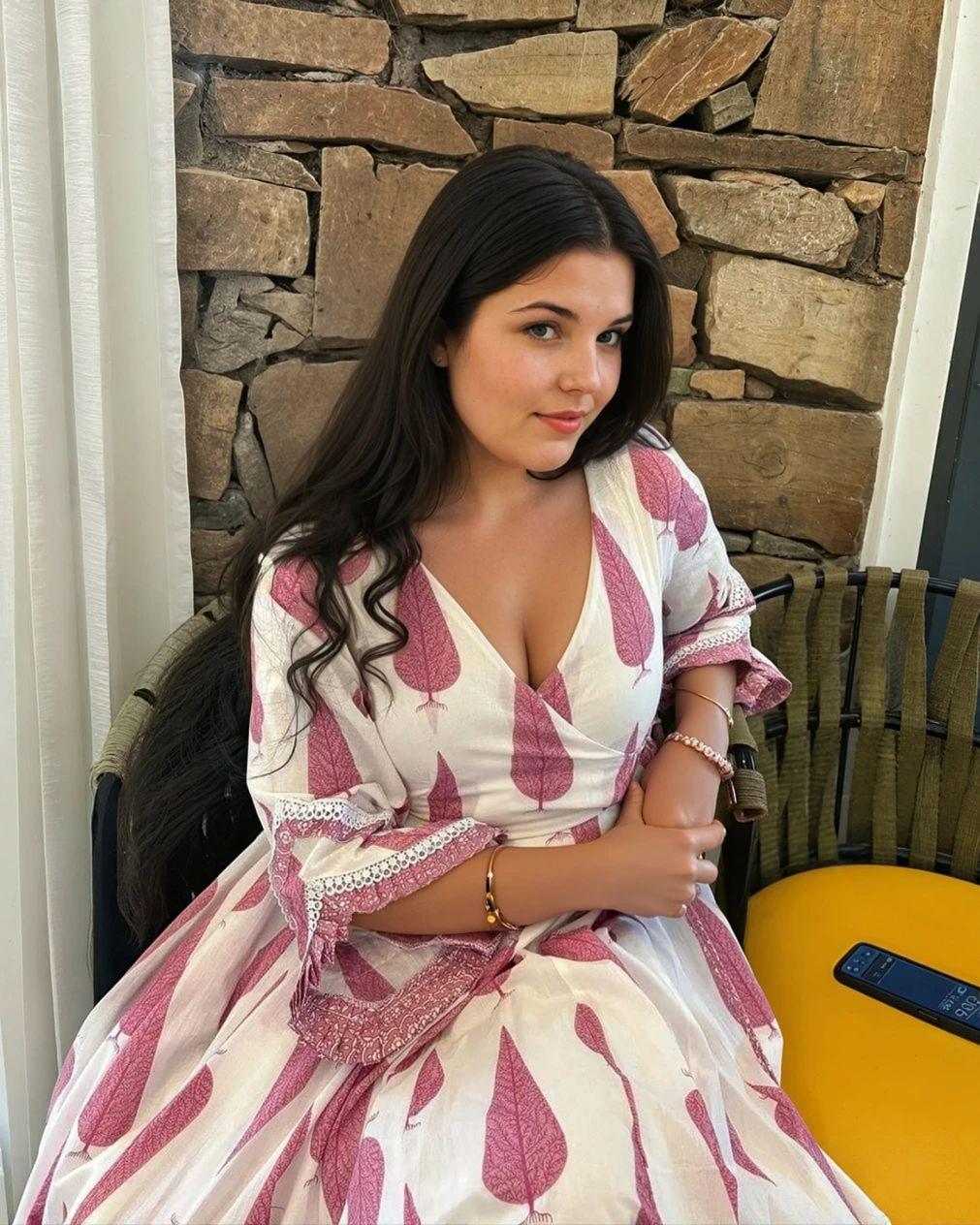 Sanganeri Print Cotton Anarkali Kurta Set with Dupatta & Pants