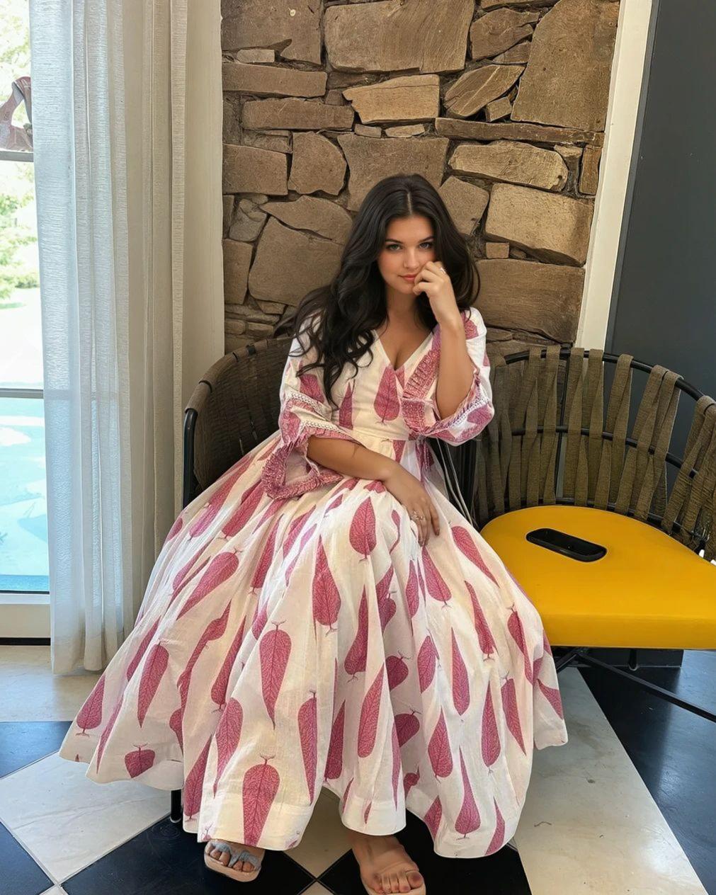 Sanganeri Print Cotton Anarkali Kurta Set with Dupatta & Pants - Image 4