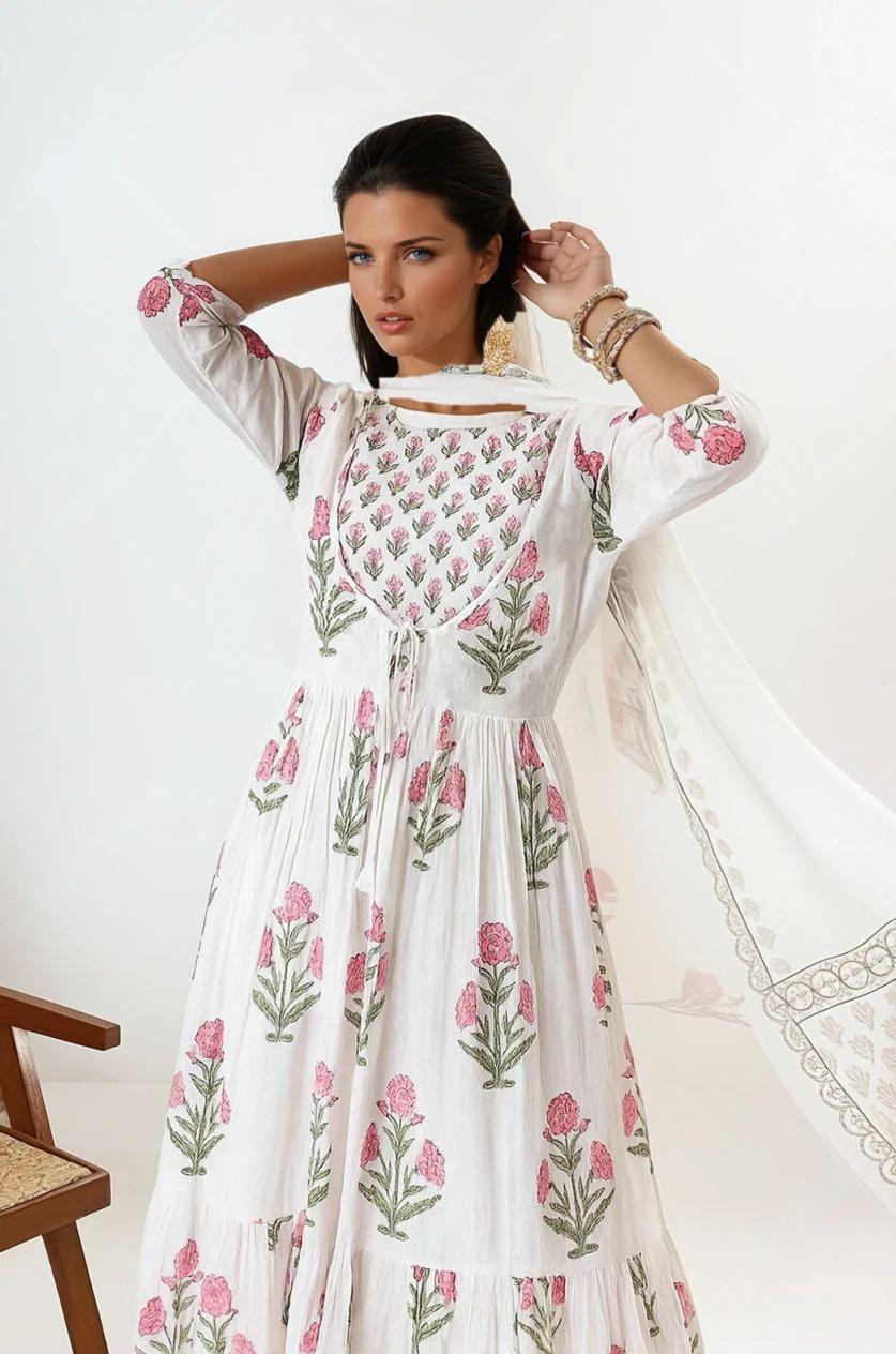 White Cotton Kurta Palazzo Set with Pink Floral Prints - Image 3
