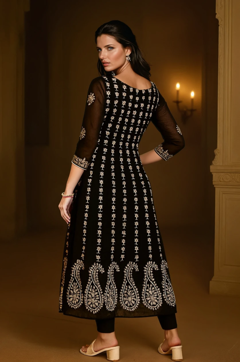 Noor-e-Black Chikankari Anarkali Kurti Set - Image 3