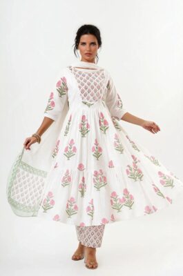 White Cotton Kurta Palazzo Set with Pink Floral Prints