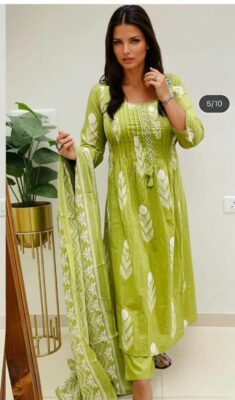 🌿 Olive Blossom Handblock Anarkali Set