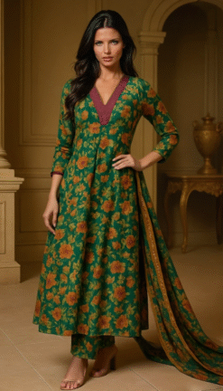 Elegant Green Floral Cotton Blend Anarkali Set with Dupatta