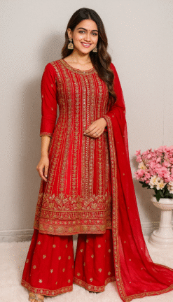 Designer Red Faux Georgette Embroidered Sharara Set with Dupatta