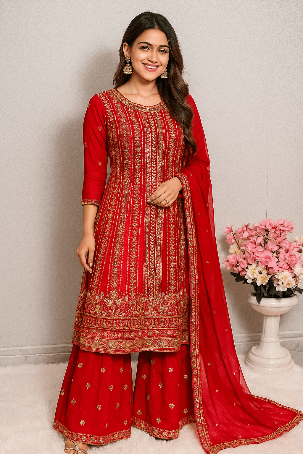 Designer Red Faux Georgette Embroidered Sharara Set with Dupatta