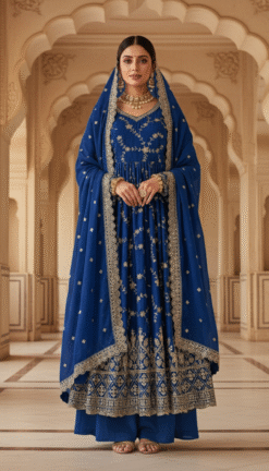 Royal Blue Designer Party Wear Anarkali Gown with Dupatta & Bottom