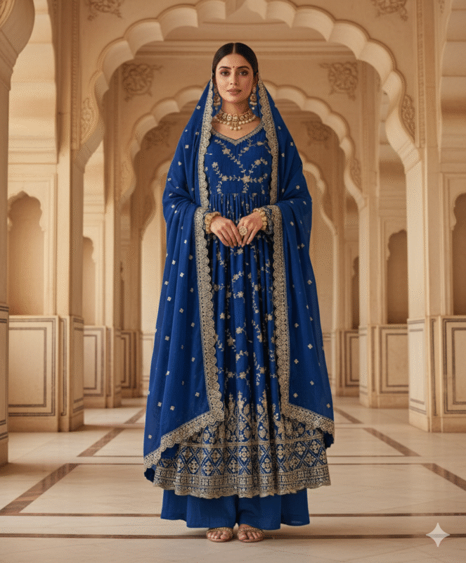 Royal Blue Designer Party Wear Anarkali Gown with Dupatta & Bottom