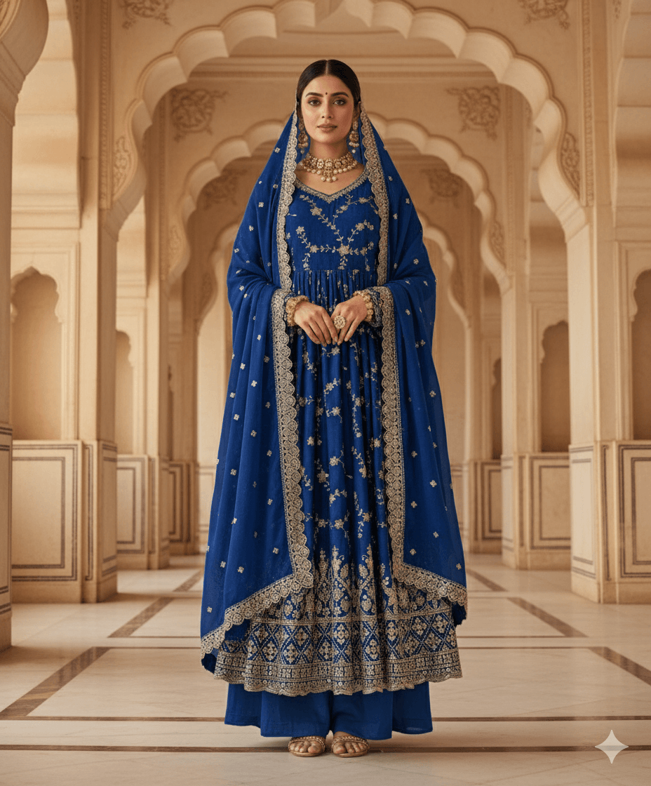 Royal Blue Designer Party Wear Anarkali Gown with Dupatta & Bottom