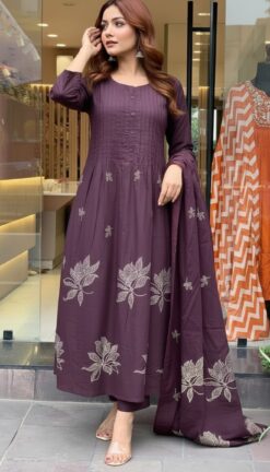 Elegant Maroon Floral Printed Anarkali Kurti with Dupatta