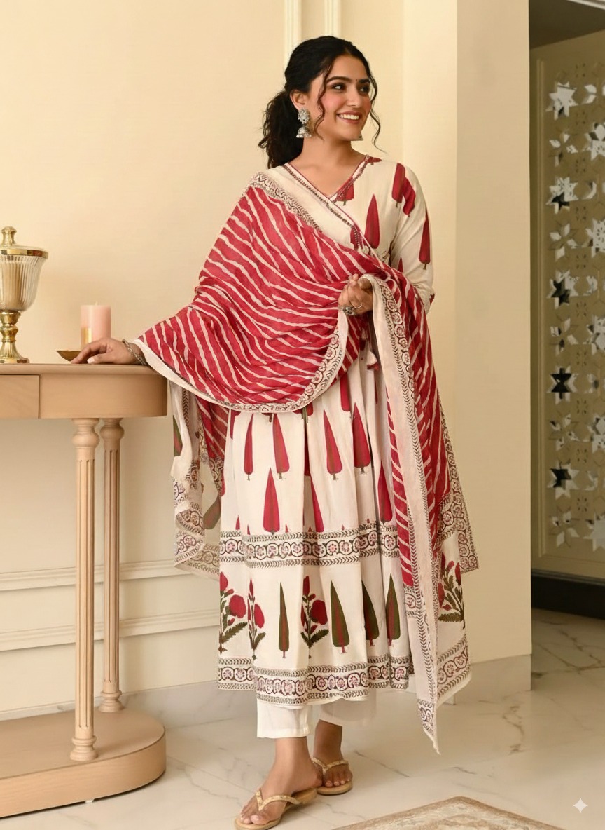 Elegant Pure Cotton Mirror Embroidered Kurti Set with Malmal Dupatta