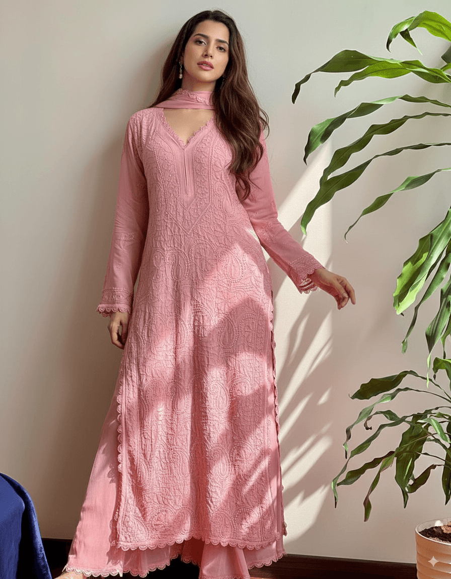 Elegant Faux Georgette Embroidered Kurta Plazo Set with Dupatta