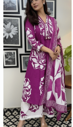 Vibrant Hand Block Printed Cotton A-Line Kurta Pant Set with Dupatta